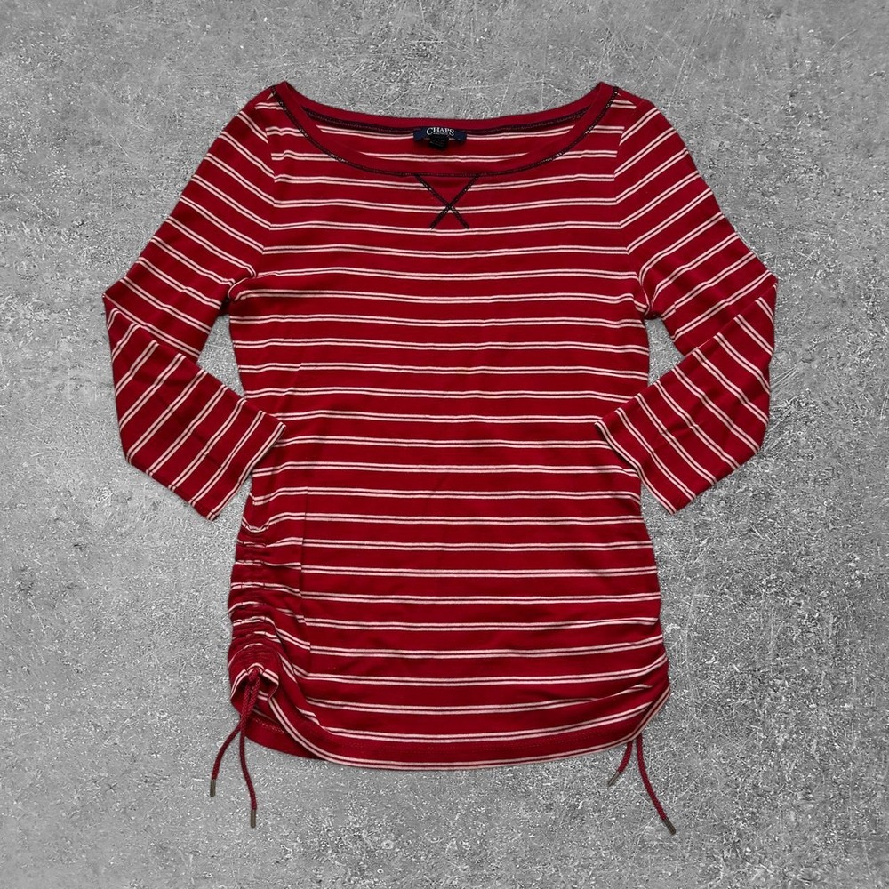 Chaps Active Womens Red White Striped Long Sleeve Tie Waist Lace Top S